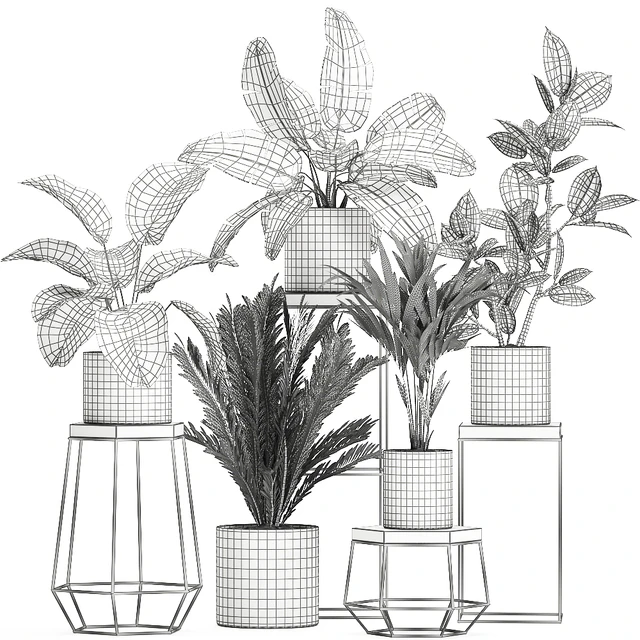 Коллекция маленьких растений на цветочной подставке в горшках с Пальма, фикус, стрелиция, полка с цветами. Набор 702 — Скачать